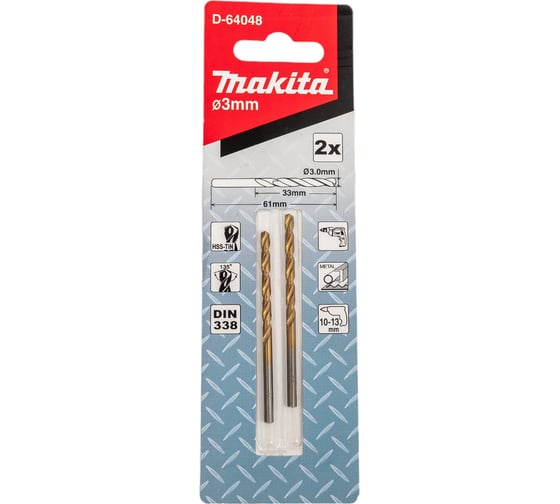 Изображение товара Сверло по металлу HSS-TiN (3х61 мм; 2 шт.) Makita D-64048