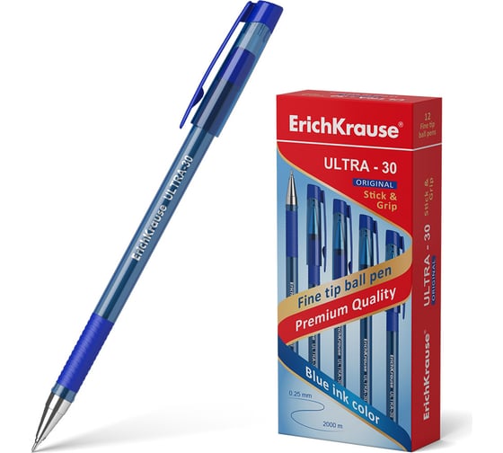Изображение товара Шариковая ручка ErichKrause ULTRA-30 Stick&Grip Original, цвет чернил синий, 12 шт. в упаковке 55392