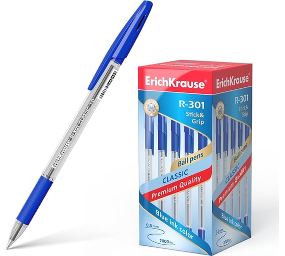 Изображение товара Шариковая ручка ErichKrause R-301 Stick&Grip Classic 1.0, цвет чернил синий, 50 шт. в упаковке 39527