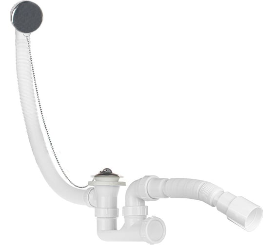 Изображение товара Сифон для ванны MasterProf для выпуска 50 мм, с нерж.решеткой, переливом, пробкой и цеп., гофротрубой 40x40/50 ИС.110691