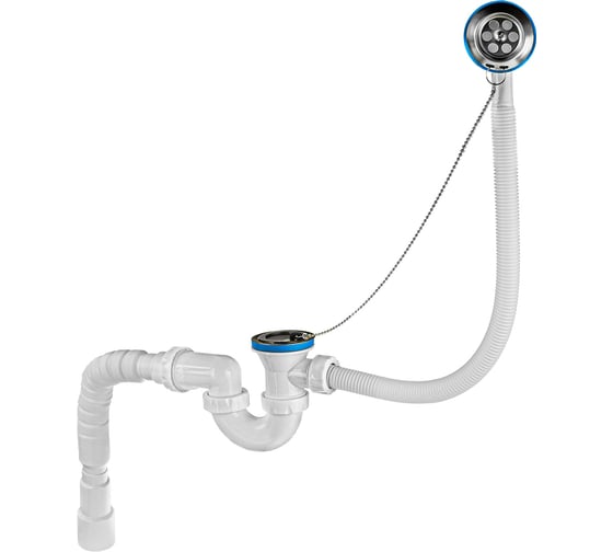 Изображение товара Сифон для ванны MasterProf прямоточный для выпуска 50 мм, с нерж.решеткой, переливом, пробкой и цепочкой, гофротрубой 40x40/50 ИС.110692