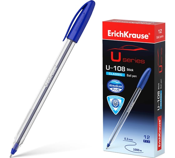 Изображение товара Шариковая ручка ErichKrause U-108 Stick Classic 1.0, Ultra Glide Technology, цвет чернил синий, 12 шт. в упаковке 53709