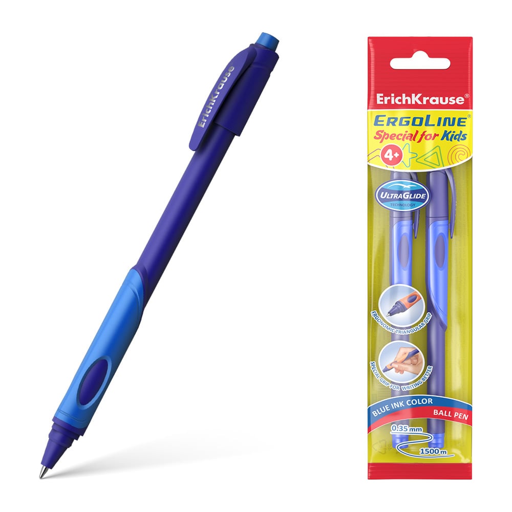 Изображение товара Шариковая ручка ErichKrause ErgoLine Kids Stick&Grip NeonUltra Glide Technology, цвет чернил синий, синяя грип-зона, 2 шт. в упаковке 58523