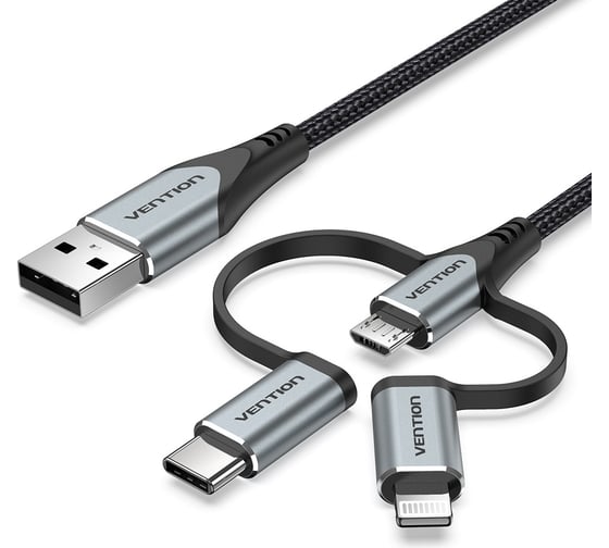 Изображение товара Кабель 3 в 1 VENTION USB 2.0 AM/ Micro-B, USB-C, Lightning M - 1м. Черный CQJHF