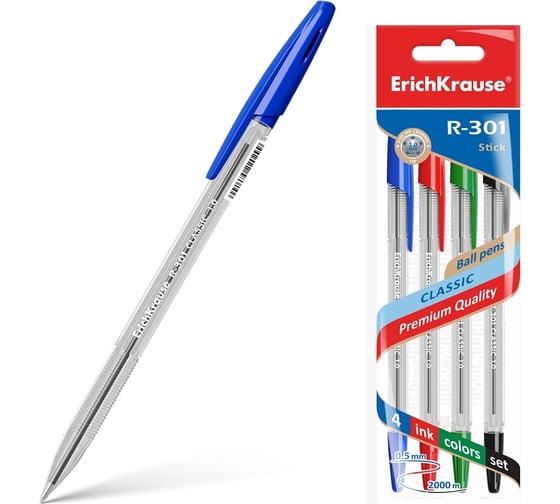 Изображение товара Набор из 4 шариковых ручек ErichKrause R-301 Stick Classic 1.0, цвет чернил: синий, черный, красный, зеленый 44593