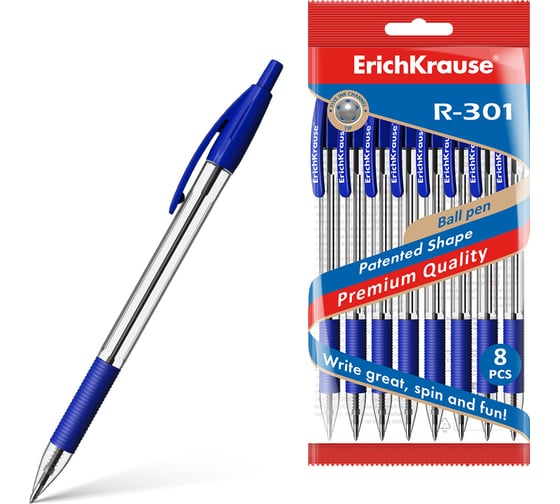 Изображение товара Набор из 8 шариковых автоматических ручек ErichKrause R-301 Classic Matic&Grip 1.0, цвет чернил синий 56618