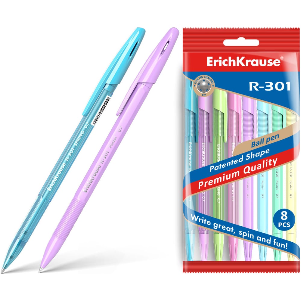 Изображение товара Набор из 8 шариковых ручек ErichKrause R-301 Stick Spring/ Pastel 0.7, цвет чернил синий 58711