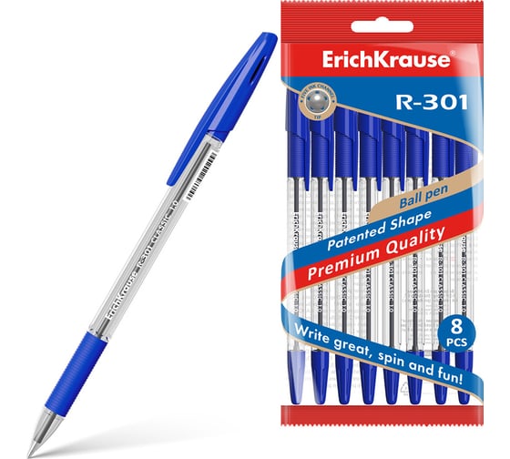 Изображение товара Набор ErichKrause из 8 ручек шариковых R-301 с резиновым хватом Классика 1,0, цвет чернил синий 56617