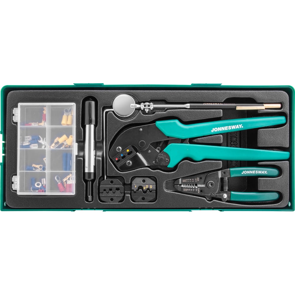 Изображение товара Пресс-клещи Jonnesway V1311SP обжимные с аксессуарами и расходными материалами в ложементе 46630