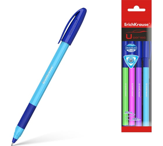 Изображение товара Набор ErichKrause из 4 ручек шариковых U-109 с резиновым хватом Неон 1,0, технология ультраскольжения, цвет чернил синий 47613
