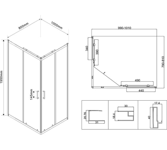 Изображение товара Душевой уголок VINCEA City 1000x800, хром, стекло текстурное VSS-5CT8010MT