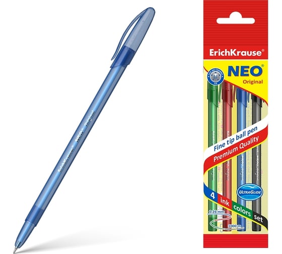 Изображение товара Набор из 4 шариковых ручек ErichKrause Neo Stick Original 0.7, цвет чернил: синий, черный, красный, зеленый 47509