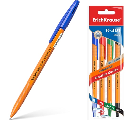 Изображение товара Набор из 4 шариковых ручек ErichKrause R-301 Stick Orange 0.7, цвет чернил: синий, черный, красный, зеленый 44594