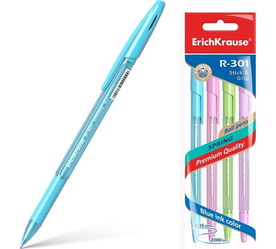 Изображение товара Набор из 4 шариковых ручек ErichKrause R-301 Stick&Grip Spring 0.7, цвет чернил синий 42750