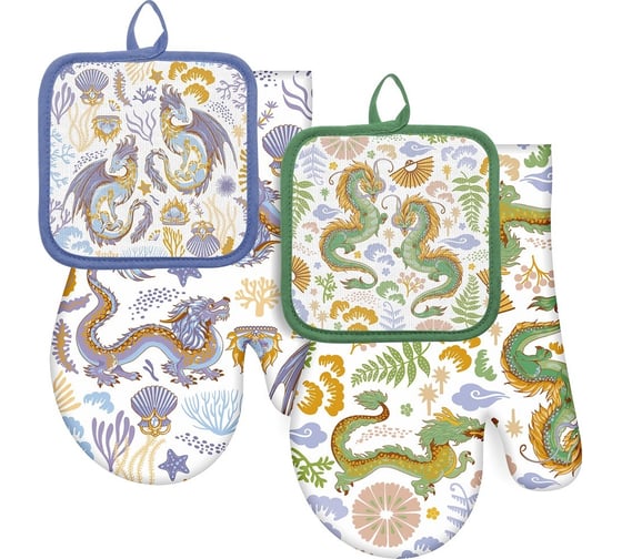 Изображение товара Прихватка МУЛЬТИДОМ с рукавицей Дзен Дракон. набор из 2-х предметов размеры 16x16 см, 17x27 см 2 дизайна HN88-449