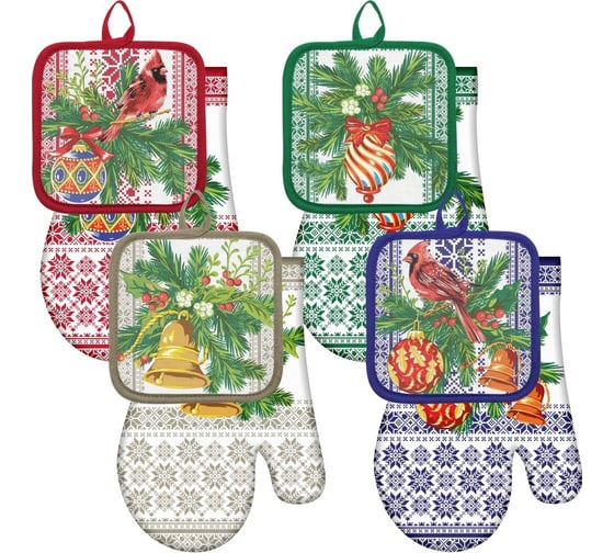Изображение товара Прихватка с рукавицей МУЛЬТИДОМ Новогодние узоры набор, размер 16x16 см, 17x27см 4 дизайна HN2-113
