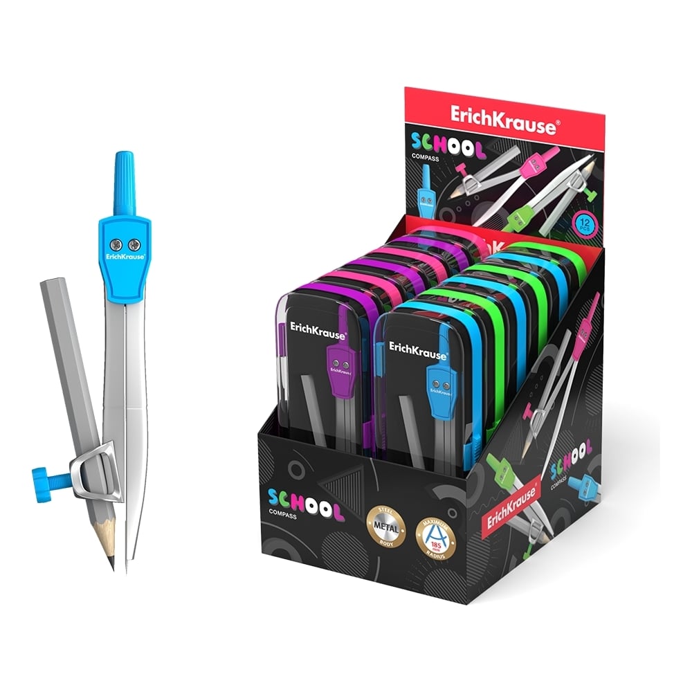 Металлический циркуль ErichKrause Neon, 123 мм, с карандашом, пенал, ассорти 45026