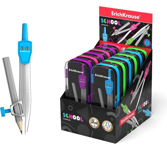 Изображение товара Металлический циркуль ErichKrause Neon, 123 мм, с карандашом, пенал, ассорти 45026