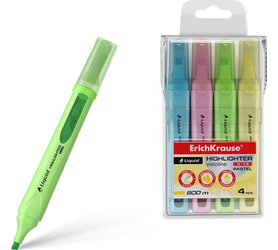 Изображение товара Набор из 4 текстмаркеров ErichKrause Visioline V-14 Pastel, цвет чернил: желтый, зеленый, розовый, голубой 58360