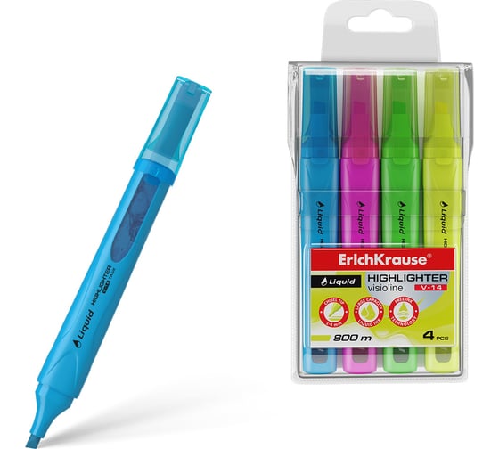 Изображение товара Набор из 4 текстмаркеров ErichKrause Visioline V-14 Neon, цвет чернил: желтый, зеленый, розовый, голубой 58359