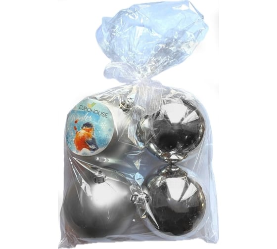Изображение товара Набор елочных шаров EUROHOUSE 4 шт., глянец/матовый, серебряный, диаметр 8 см, пластик, пп пакет со стикером и цветной лентой 15871