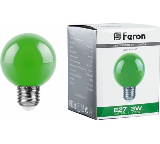 Изображение товара Светодиодная лампа FERON 3W 230V E27 зеленый, LB-371 25907