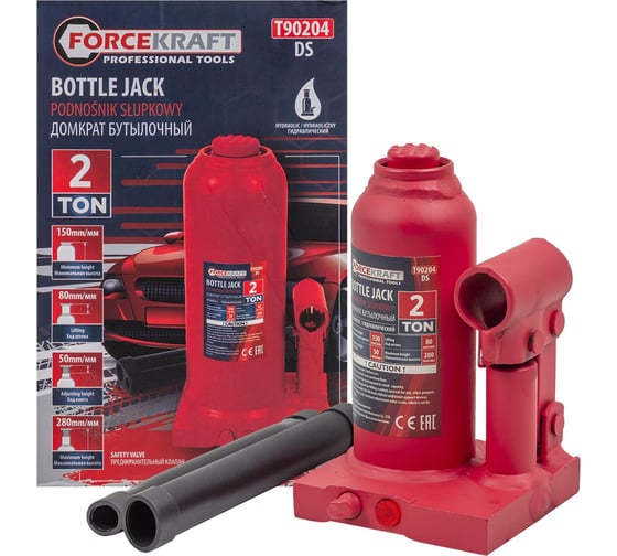 Изображение товара Бутылочный домкрат с клапаном Forcekraft 2 т, h min 150 мм, h max 280мм, ход штока 80 мм, ход винта 50 мм FK-T90204(DS)(26569)