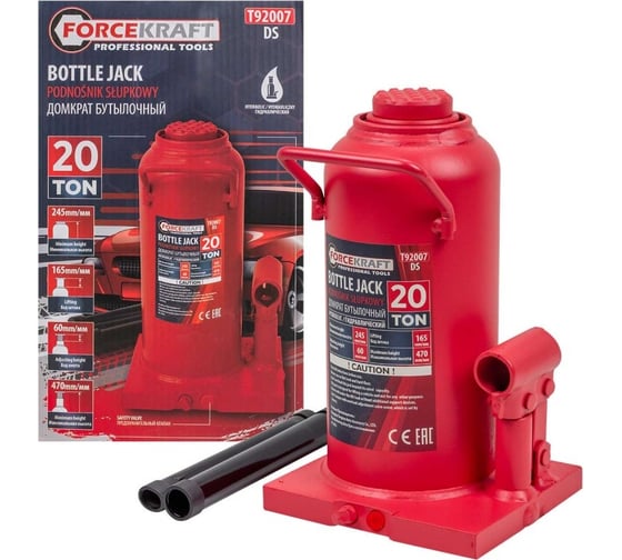 Изображение товара Домкрат гидравлический бутылочный Forcekraft 20т с предохранительным клапаном, минимальная высота: 245 мм, ход штока: 165 мм, ход винта: 60 мм FK-T92007 DS(26584)