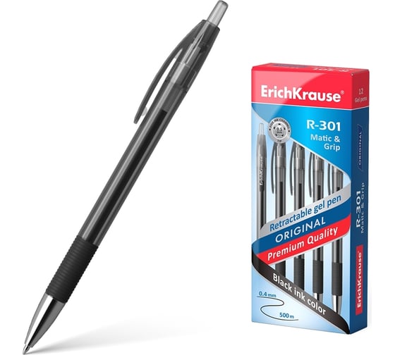 Изображение товара Автоматическая гелевая ручка ErichKrause R-301 Original Gel Matic&Grip 0.5, цвет чернил черный, 12 шт. в упаковке 46815