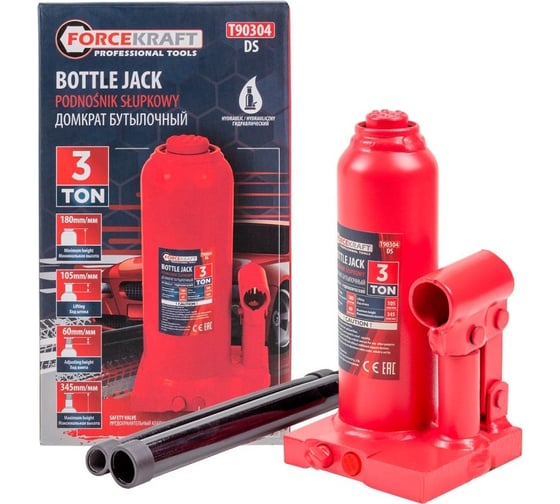 Изображение товара Гидравлический бутылочный домкрат Forcekraft 3 т, с предохранительным клапаном, минимальная высота: 180 мм, ход штока: 105 мм, ход винта: 60 мм FK-T90304/DS/(26571)
