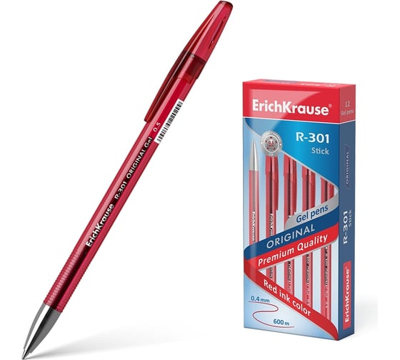 Изображение товара Гелевая ручка ErichKrause R-301 Gel Stick Original 0.5, цвет чернил красный, 12 шт. в упаковке 42722
