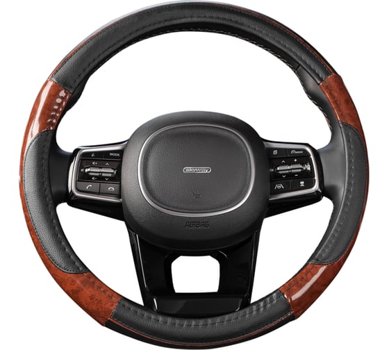 Изображение товара Оплетка SKYWAY Wood-7 M Черная экокожа с вставками под дерево S01102326