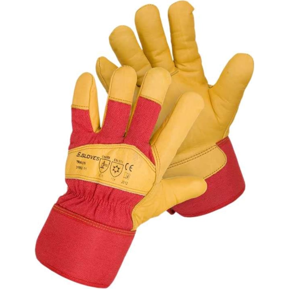 Комбинированные кожаные перчатки S. GLOVES, цвет желтый/красный, размер 11