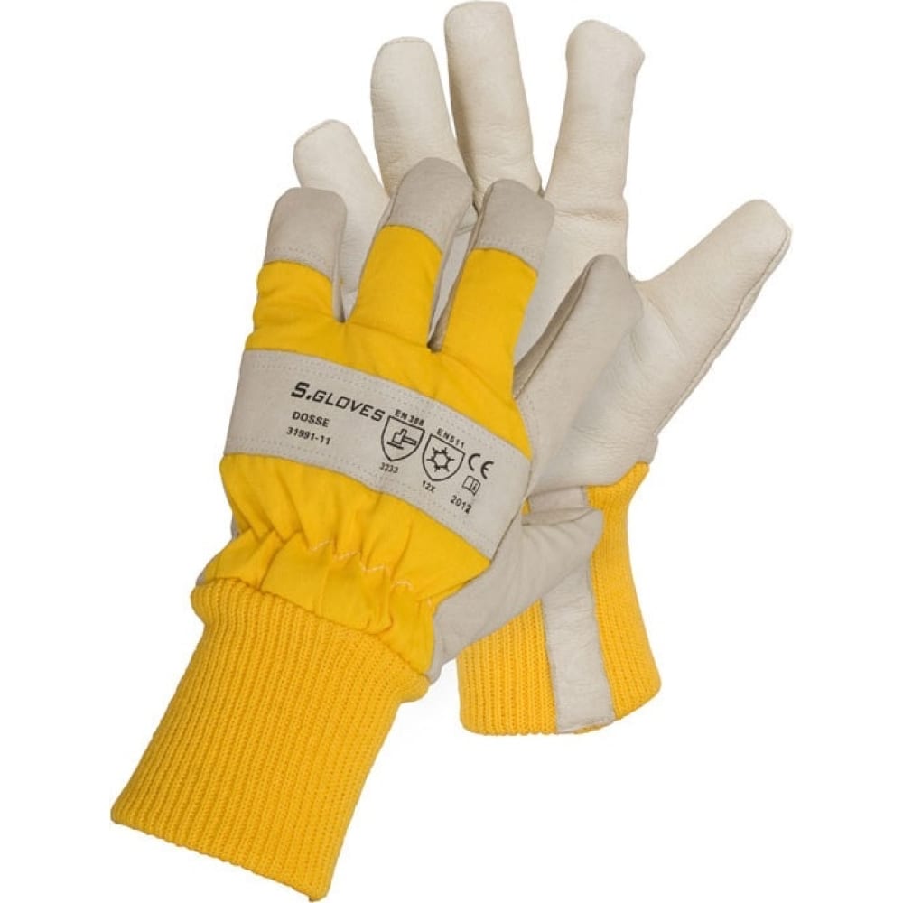 Комбинированные кожаные утепленные перчатки S. GLOVES, цвет белый/желтый, размер 11 31991-11 DOSSE резинка, р.11 - фото 1