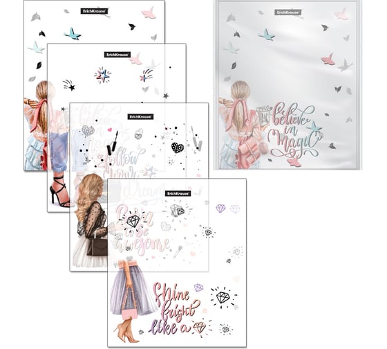 Изображение товара Набор ErichKrause пластиковых обложек Модные девочки, для тетрадей и дневников, 212 x 347 мм, 80 мкм, ассорти 55188