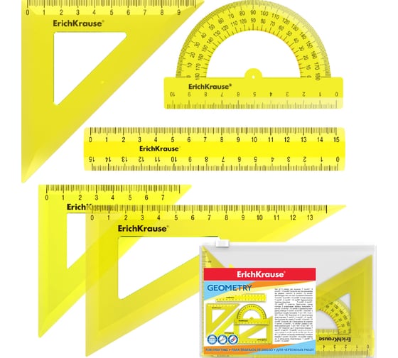 Изображение товара Геометрический набор ErichKrause Neon малый, пластиковый, линейка, 3 угольника, транспортир, желтый 49563