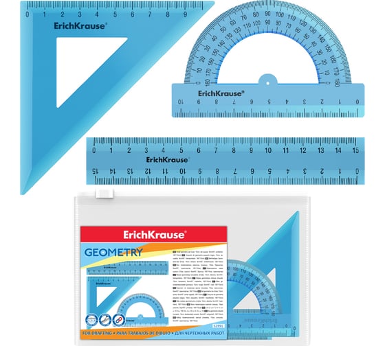 Изображение товара Геометрический набор ErichKrause Standard малый, пластиковый, линейка, угольник, транспортир, голубой, в пакете 52991