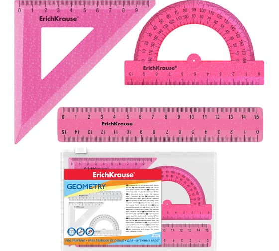 Изображение товара Геометрический набор ErichKrause Glitter малый, пластиковый, линейка, угольник, транспортир, розовый, в пакете 55537