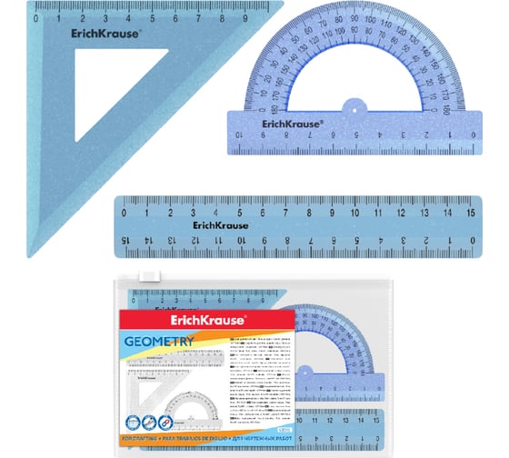 Изображение товара Геометрический набор ErichKrause Glitter малый, пластиковый, линейка, угольник, транспортир, голубой 55538