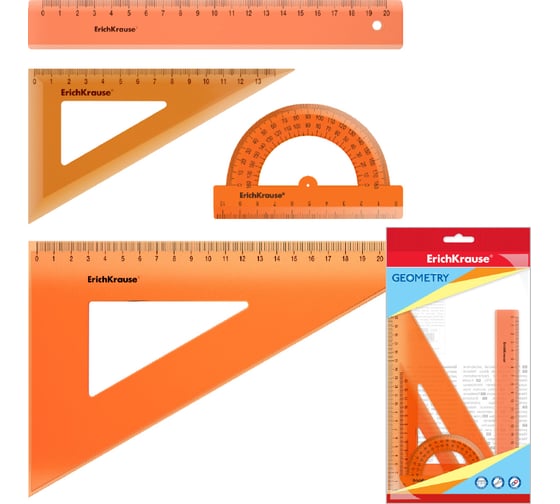 Изображение товара Геометрический набор ErichKrause Neon средний, пластиковый, линейка, 2 угольника, транспортир, оранжевый 49571
