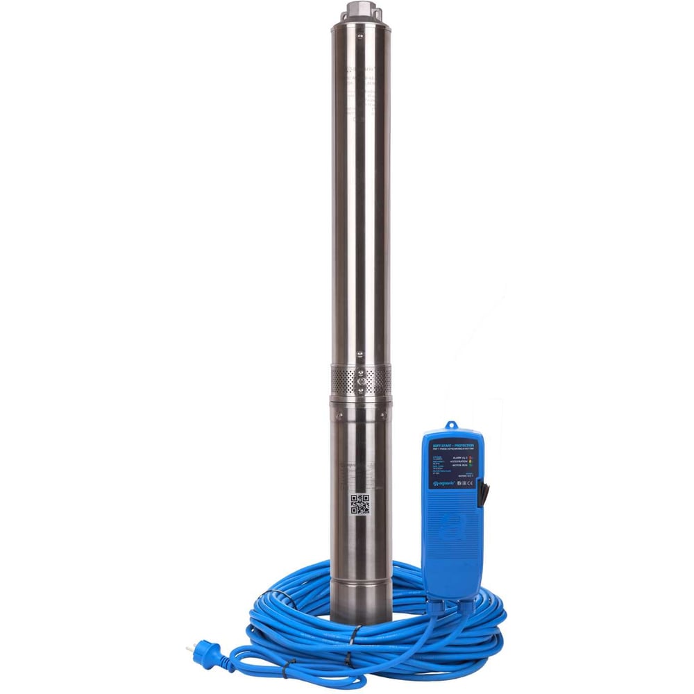 Изображение товара Скважинный насос AQUARIO ASP1,8E-63-90(P) с плавным пуском и конденсатором 60 м кабель