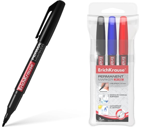 Изображение товара Набор из 3 перманентных маркеров ErichKrause P-70, цвет чернил: черный, синий, красный 37077