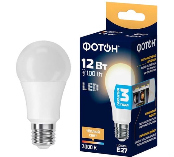 Изображение товара Светодиодная лампа ФОТОН LED A60 12Вт E27 3000K теплый свет 22805