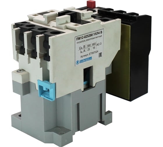 Изображение товара Электромагнитный пускатель Электротехник Пм12-025200 ухл4 в, 110в/50гц, 1з, 25а, нереверсивный, с реле ртт-131 21,2-28,7а, ip00, ET007024