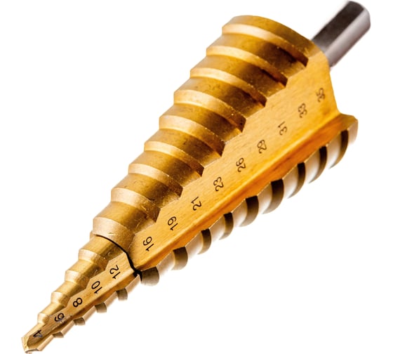 Изображение товара Сверло ступенчатое 2-х модульное Профессионал (4-35 мм; 14 ступеней; Р6М5; TIN) по сталям и цветным металлам ЗУБР 29673-4-35