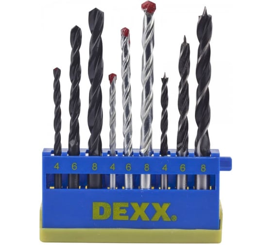 Изображение товара Набор сверл комбинированных (9 предметов; металл 4-6-8 мм, дерево 4-6-8 мм, кирпич 4-6-8 мм) DEXX 2970-H9_z01