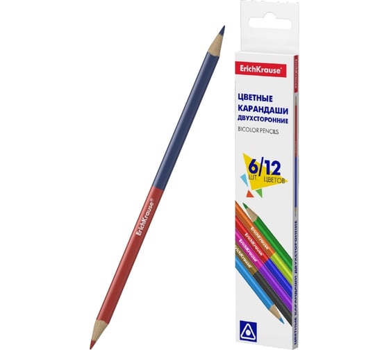 Изображение товара Цветные карандаши ErichKrause Bicolor деревянные, трехгранные, двусторонние, 12 цветов, 6 шт. 50530