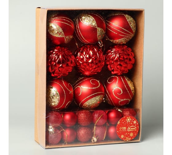Изображение товара Набор шаров Зимнее волшебство пластик диаметр 2,5 и 5,5 см, 33 шт Хоровод красный 9510164