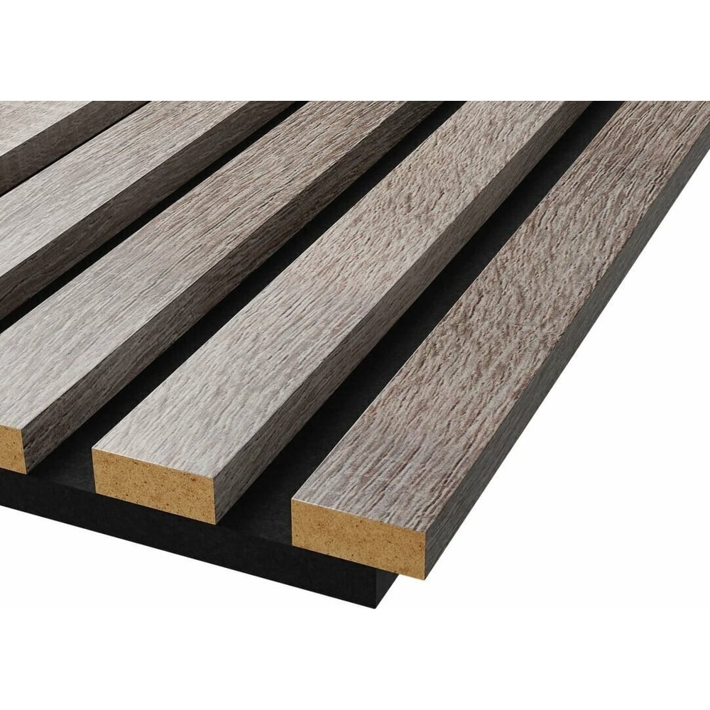 Изображение товара Акустические стеновые панели Cosca Decor 1200x600x19 мм, черный войлок, рейки мдф, цвет - дуб дымчатый, коллекция сканди 00-00074686