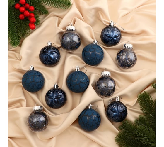 Изображение товара Набор шаров Зимнее волшебство пластик диаметр 6 см, 12 шт Зимняя музыка узор, синий 9510631